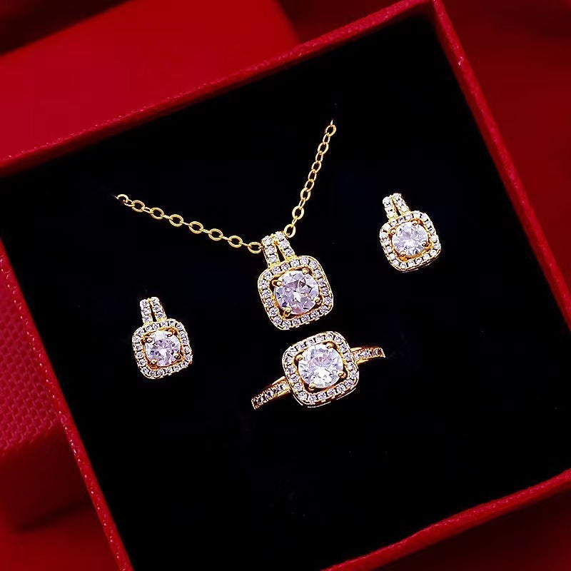 Fashion Jewelry Set Zircon Gem Pendant Chain Choker Necklace For Women Gold Color Stud Earring Statement Wedding Ring My Store