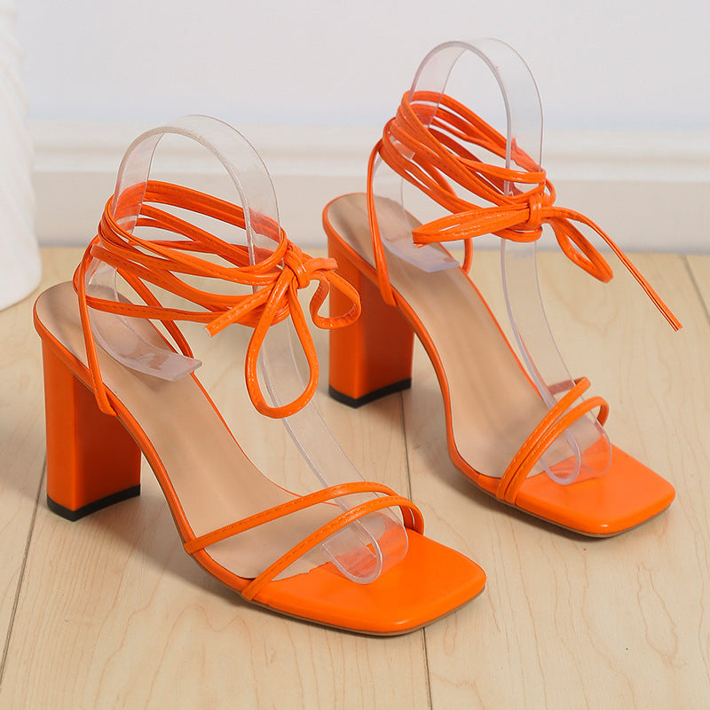 Lace Up Strappy Sandals Summer Chunky Heel Square Toe Shoes Fashion My Store