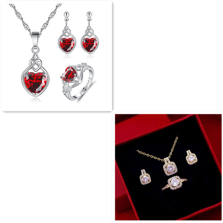 Fashion Jewelry Set Zircon Gem Pendant Chain Choker Necklace For Women Gold Color Stud Earring Statement Wedding Ring My Store