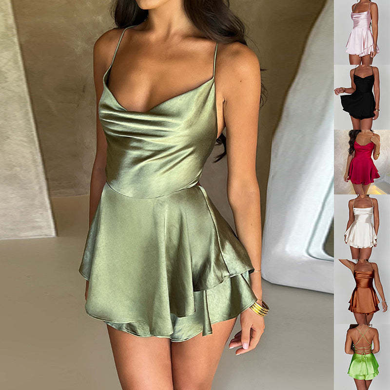 Sexy Suspender Skirt For Women Elegant Slim Strap Satin Backless Lace Up A-Line Short Dress Lady My Store