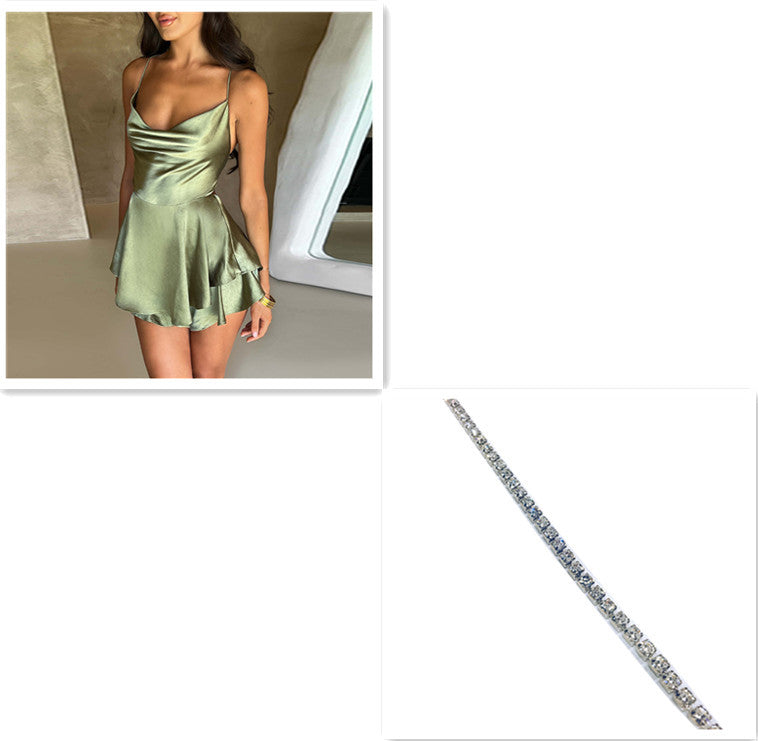 Sexy Suspender Skirt For Women Elegant Slim Strap Satin Backless Lace Up A-Line Short Dress Lady My Store