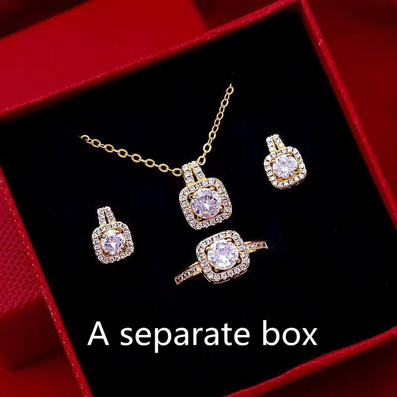 Fashion Jewelry Set Zircon Gem Pendant Chain Choker Necklace For Women Gold Color Stud Earring Statement Wedding Ring My Store