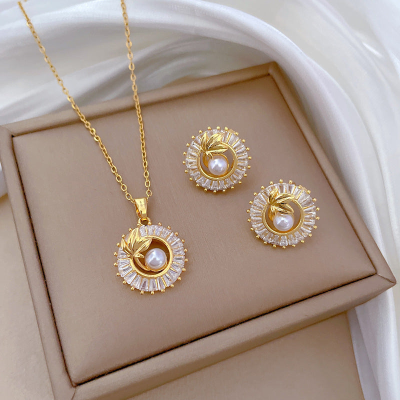Fashion Jewelry Square Full Diamond Personalized Round Ring Leaves Necklace And Earrings Suite My Store