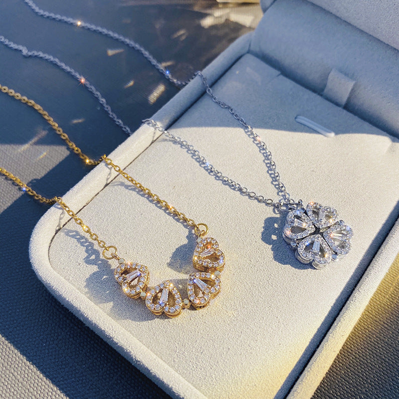 Retro Magnetic Folding Heart Shaped Four Leaf Clover Pendant Necklace Women Love Clavicle Chain Gifts Openable Choker Jewelry My Store
