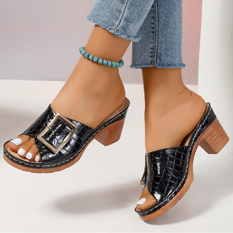 Crocodile Fashion Buckle Sandals - Stylish Peep-toe Chunky Heels My Store