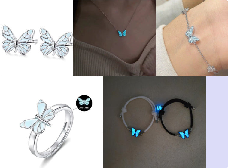 Fashion Blue Luminous Butterfly Necklace Bracelet Set For Glow In The Dark Women Clavicle Chain Choker Party Jewelry Set Gift My Store