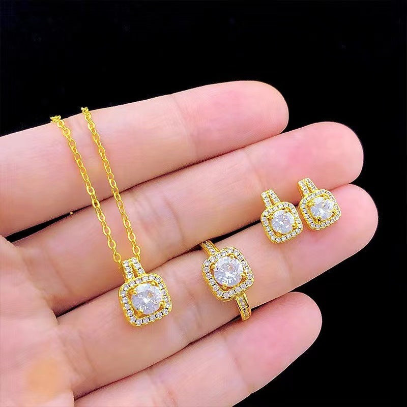 Fashion Jewelry Set Zircon Gem Pendant Chain Choker Necklace For Women Gold Color Stud Earring Statement Wedding Ring My Store