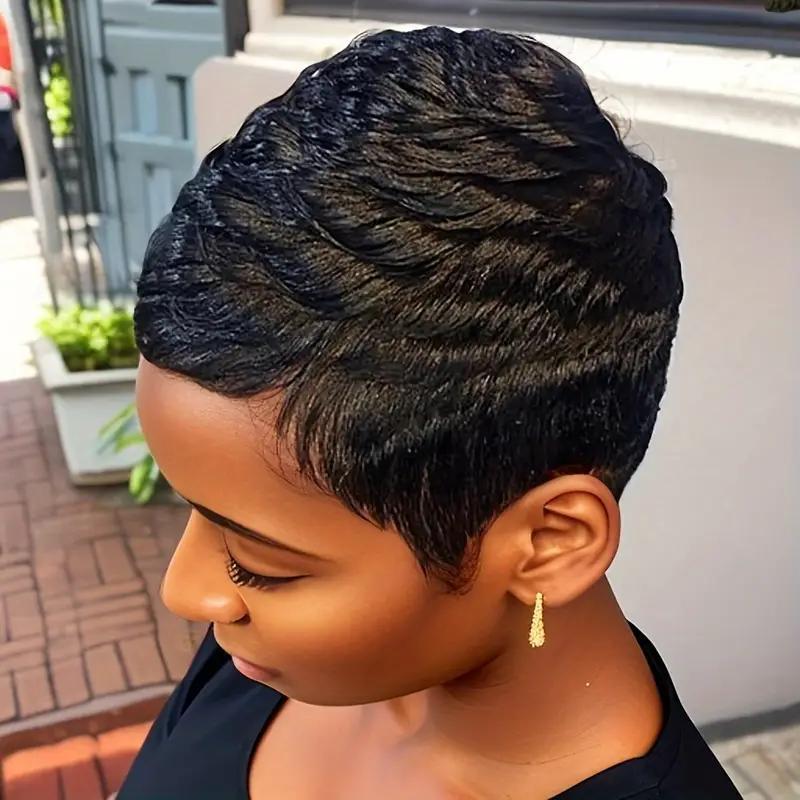 Women's Elegant Elf Haircut Non-toxic Wig - Brazilian Remy Real Hair, Natural Color, Short Straight Hair, All Machine-made, With Buckle Cap. null