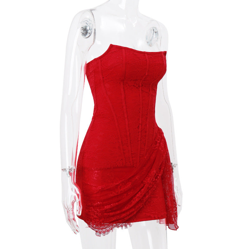 Strapless Lace Dress Party Women Fashion And Sexy Slim Skirt With Back Lace-up Design My Store