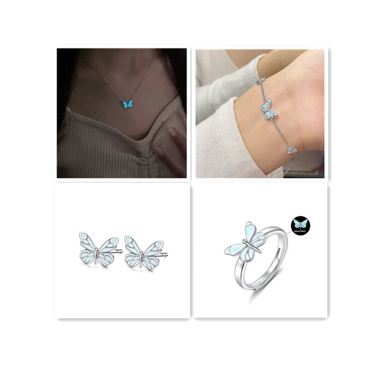 Fashion Blue Luminous Butterfly Necklace Bracelet Set For Glow In The Dark Women Clavicle Chain Choker Party Jewelry Set Gift My Store