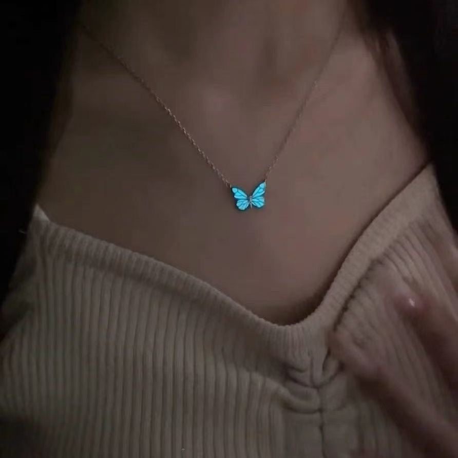 Fashion Blue Luminous Butterfly Necklace Bracelet Set For Glow In The Dark Women Clavicle Chain Choker Party Jewelry Set Gift My Store
