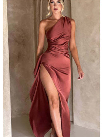 Sexy One-shoulder Backless Slit Dress Summer Elegant Slim-fit Solid Color Satin Dresses For Women My Store