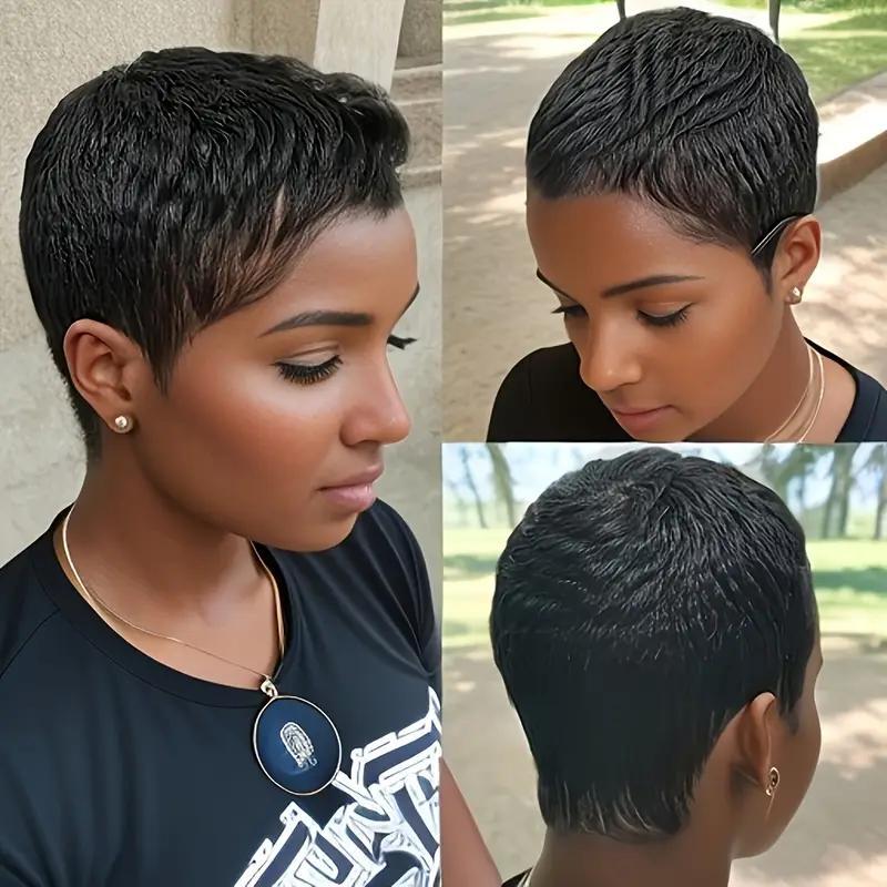 Women's Elegant Elf Haircut Non-toxic Wig - Brazilian Remy Real Hair, Natural Color, Short Straight Hair, All Machine-made, With Buckle Cap. null
