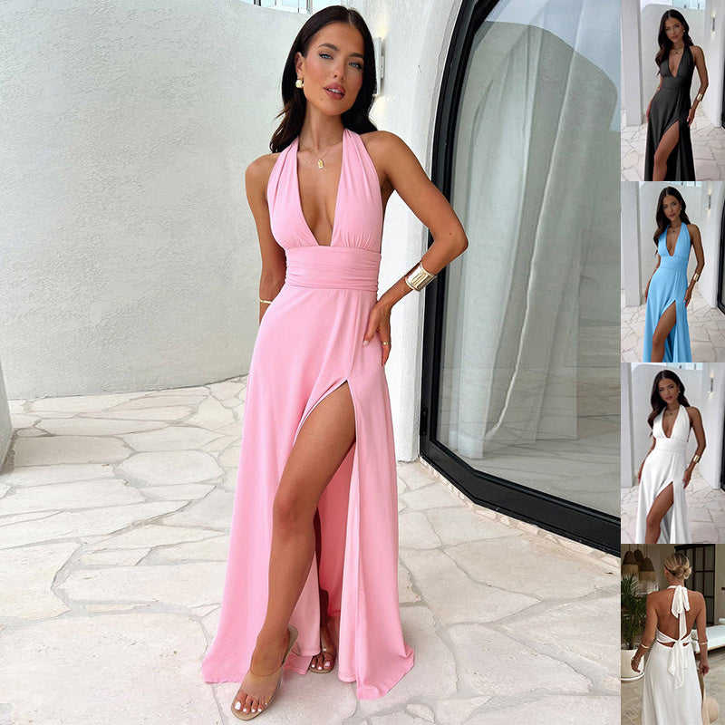 Sexy Halterneck V-neck Slit Dress Summer Backless Strappy Skirt Fashion Temperament Clothing Women My Store