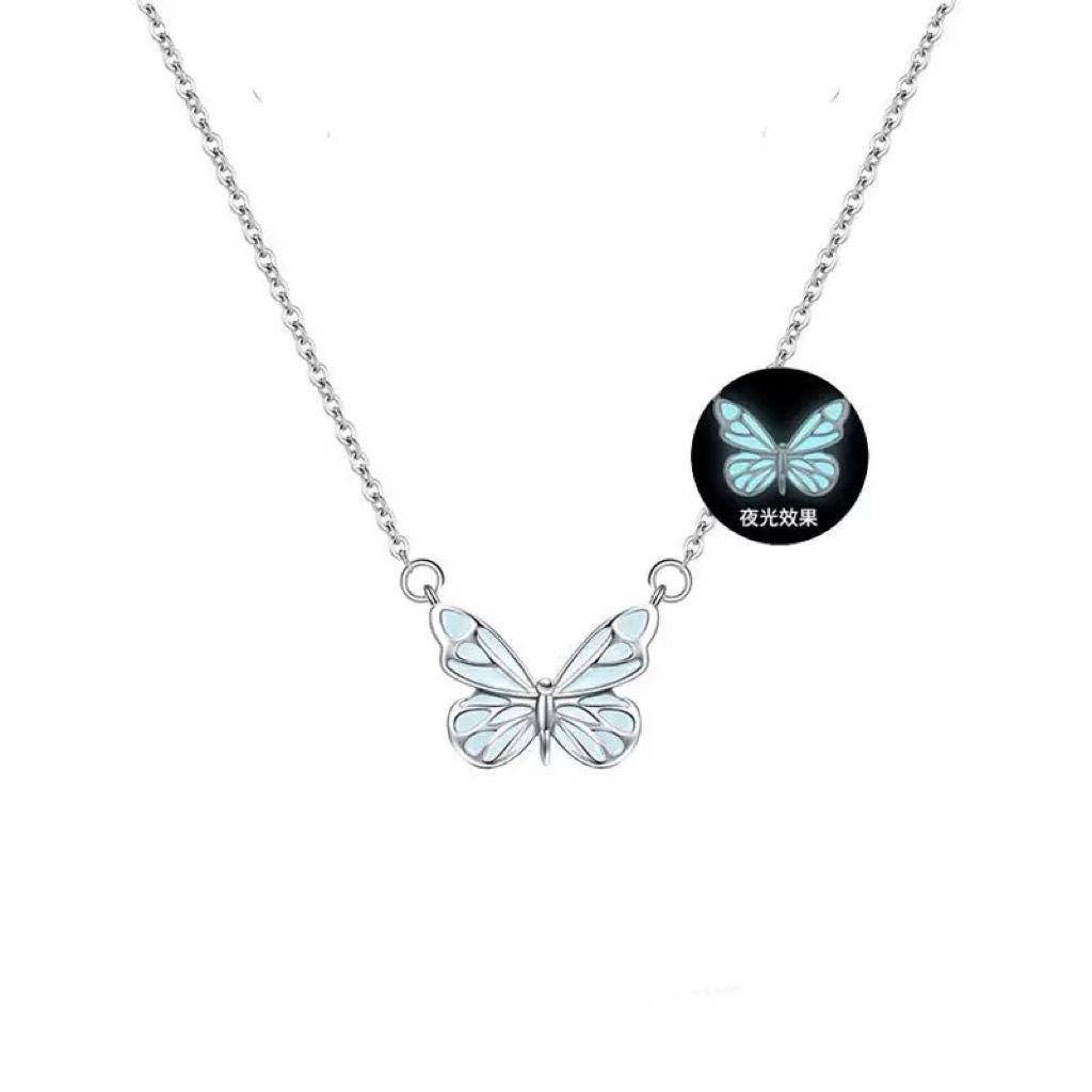 Fashion Blue Luminous Butterfly Necklace Bracelet Set For Glow In The Dark Women Clavicle Chain Choker Party Jewelry Set Gift My Store