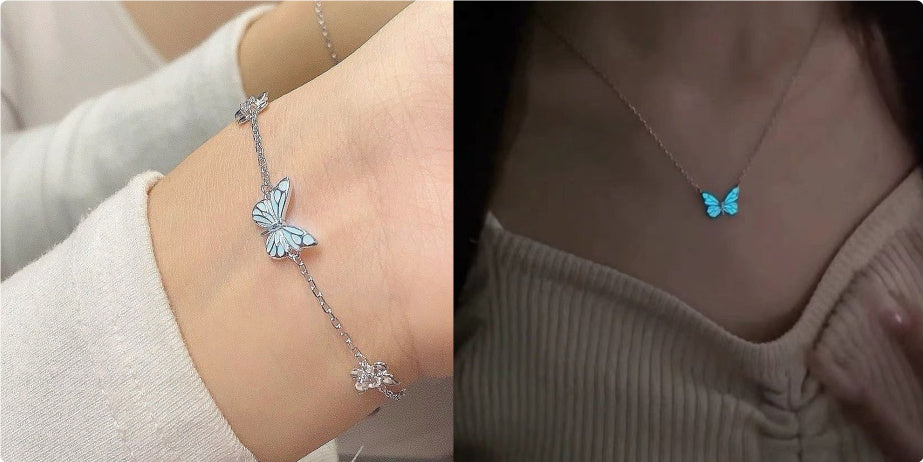 Fashion Blue Luminous Butterfly Necklace Bracelet Set For Glow In The Dark Women Clavicle Chain Choker Party Jewelry Set Gift My Store
