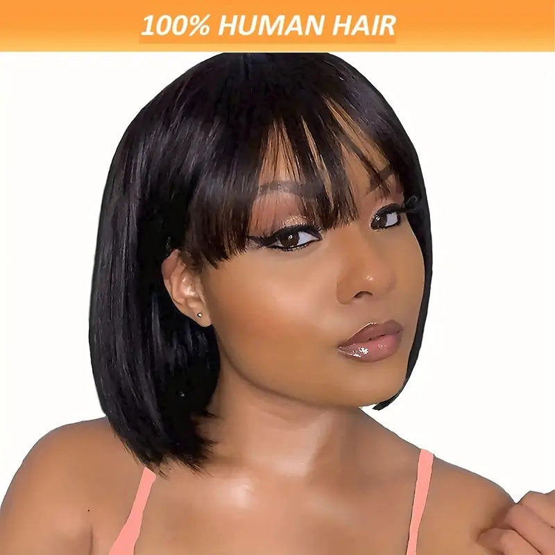 Brazilian Remy Non-toxic Wig, Straight Hair And Short Hair, Black. Human Hair Mechanism, Non-sticky And Non-toxic Wig With Bangs, Suitable For The Whole Scene. My Store