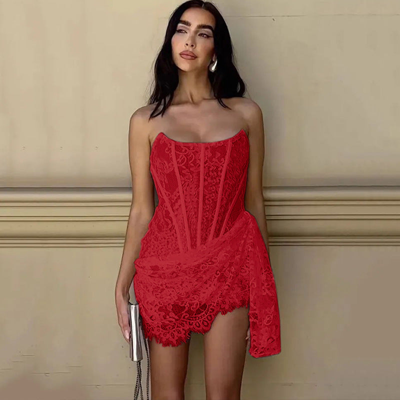 Strapless Lace Dress Party Women Fashion And Sexy Slim Skirt With Back Lace-up Design My Store