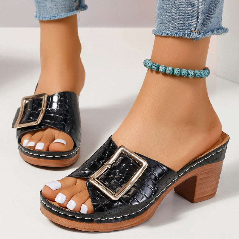 Crocodile Fashion Buckle Sandals - Stylish Peep-toe Chunky Heels My Store