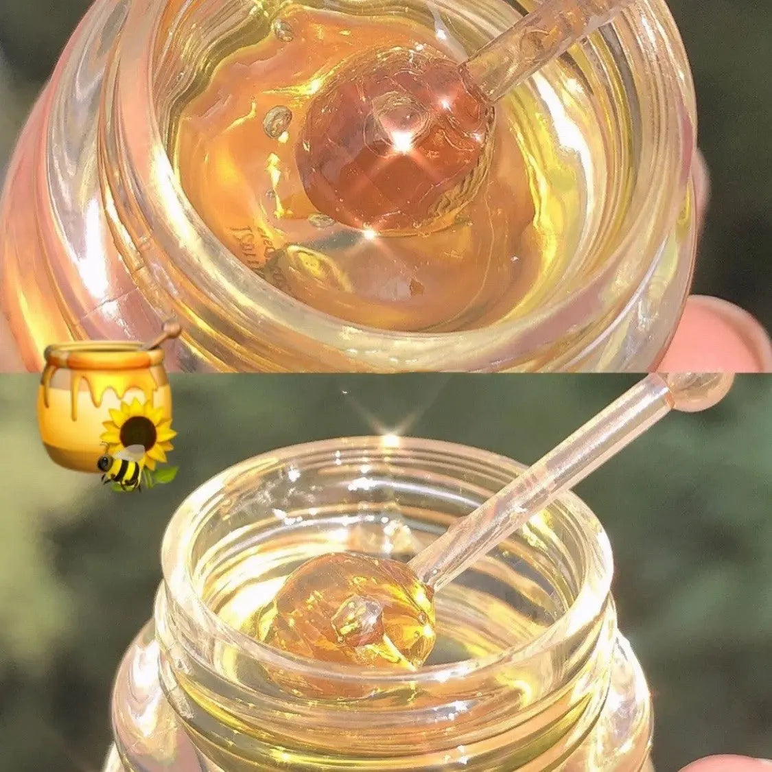 Close-up of a honey pot with lip balm, featuring a glass applicator dipped in golden, nourishing lip treatment.