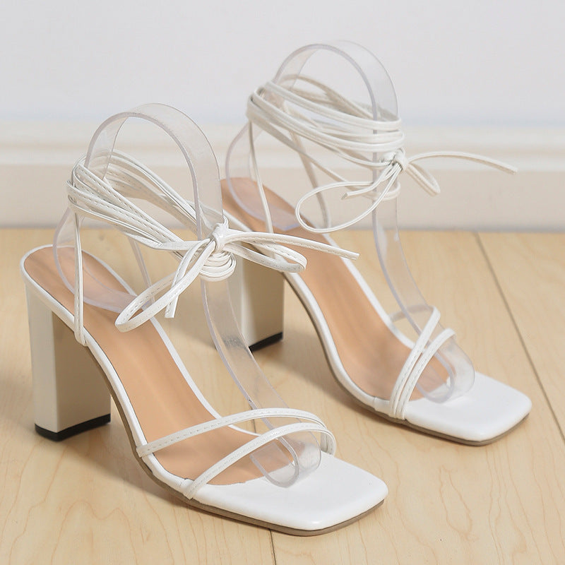 Lace Up Strappy Sandals Summer Chunky Heel Square Toe Shoes Fashion My Store