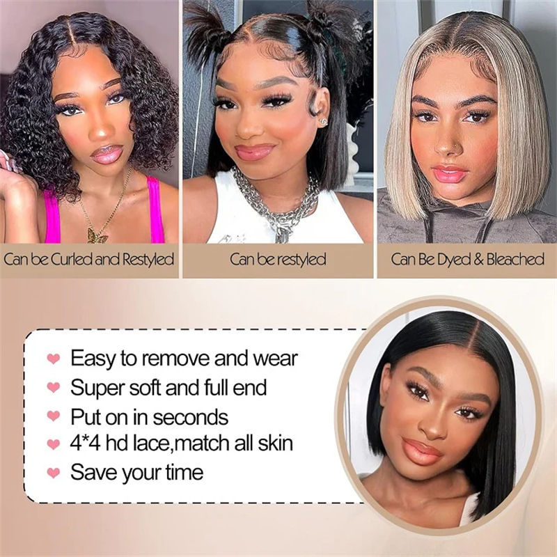 4x4 Transparent Lace Front Bob Wig – Natural Human Hair, Pre-Plucked, No Glue, Easy Wear