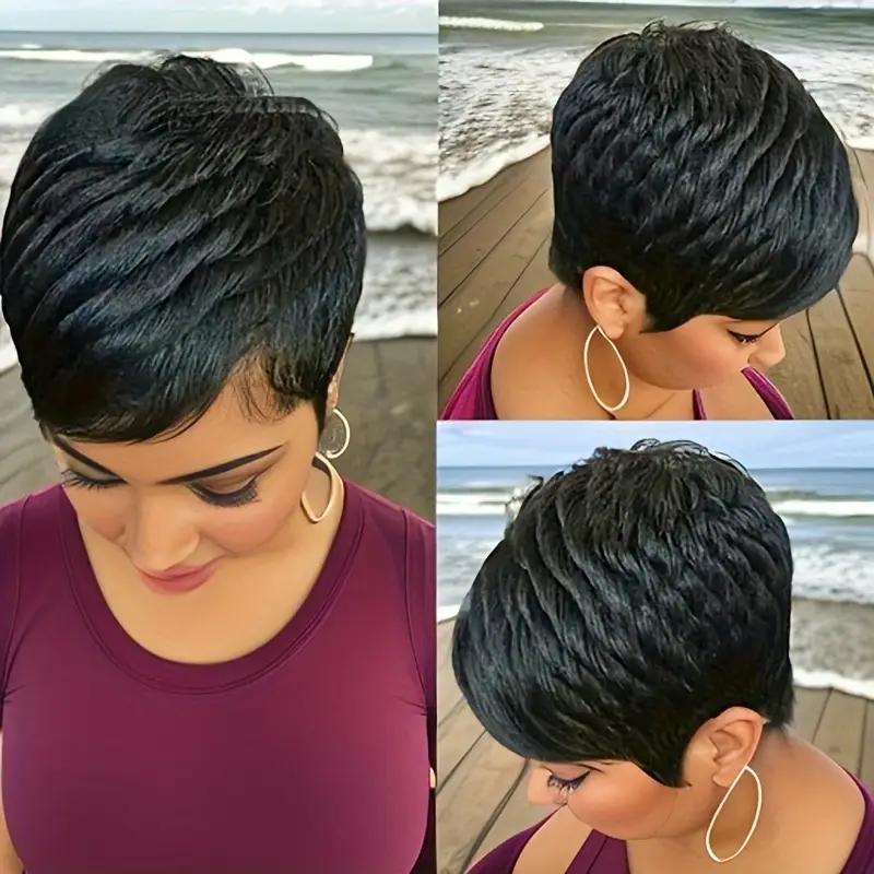 Women's Elegant Elf Haircut Non-toxic Wig - Brazilian Remy Real Hair, Natural Color, Short Straight Hair, All Machine-made, With Buckle Cap. null