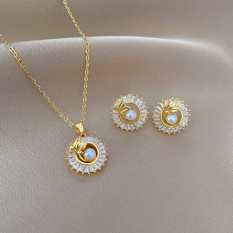 Fashion Jewelry Square Full Diamond Personalized Round Ring Leaves Necklace And Earrings Suite My Store