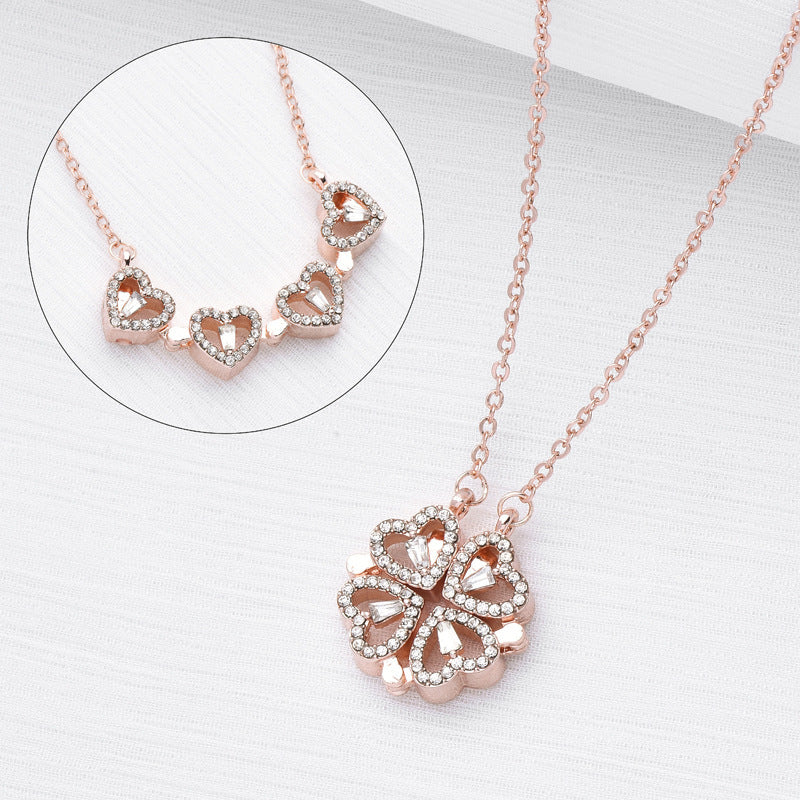 Retro Magnetic Folding Heart Shaped Four Leaf Clover Pendant Necklace Women Love Clavicle Chain Gifts Openable Choker Jewelry My Store