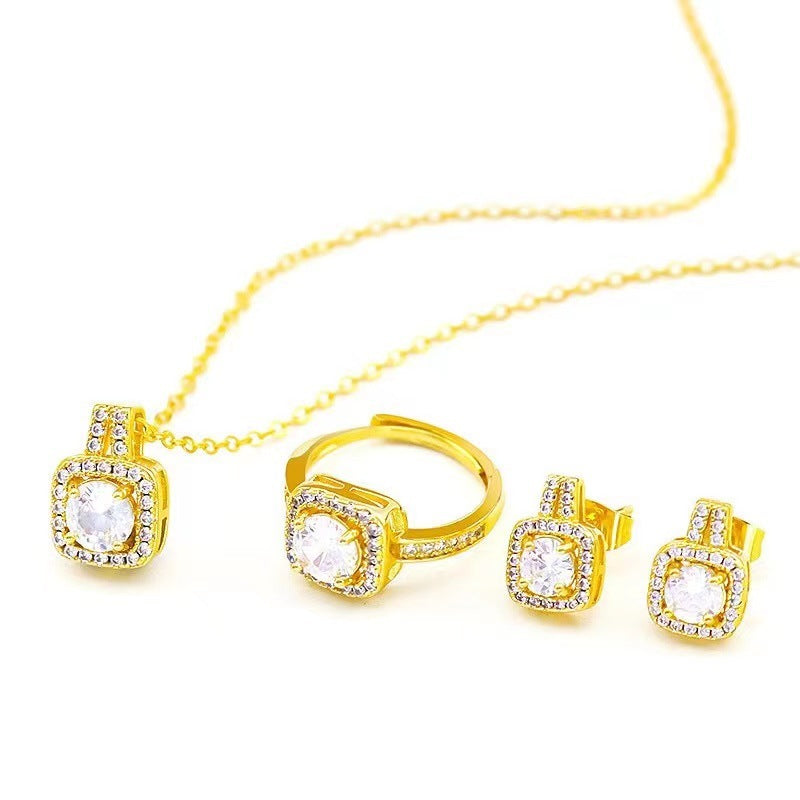 Fashion Jewelry Set Zircon Gem Pendant Chain Choker Necklace For Women Gold Color Stud Earring Statement Wedding Ring My Store