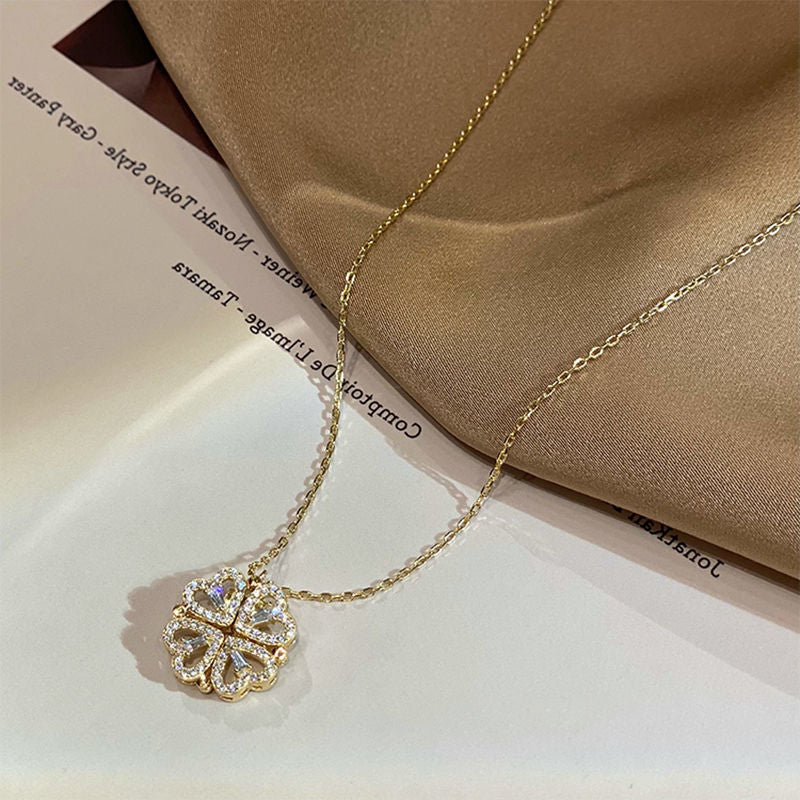 Retro Magnetic Folding Heart Shaped Four Leaf Clover Pendant Necklace Women Love Clavicle Chain Gifts Openable Choker Jewelry My Store