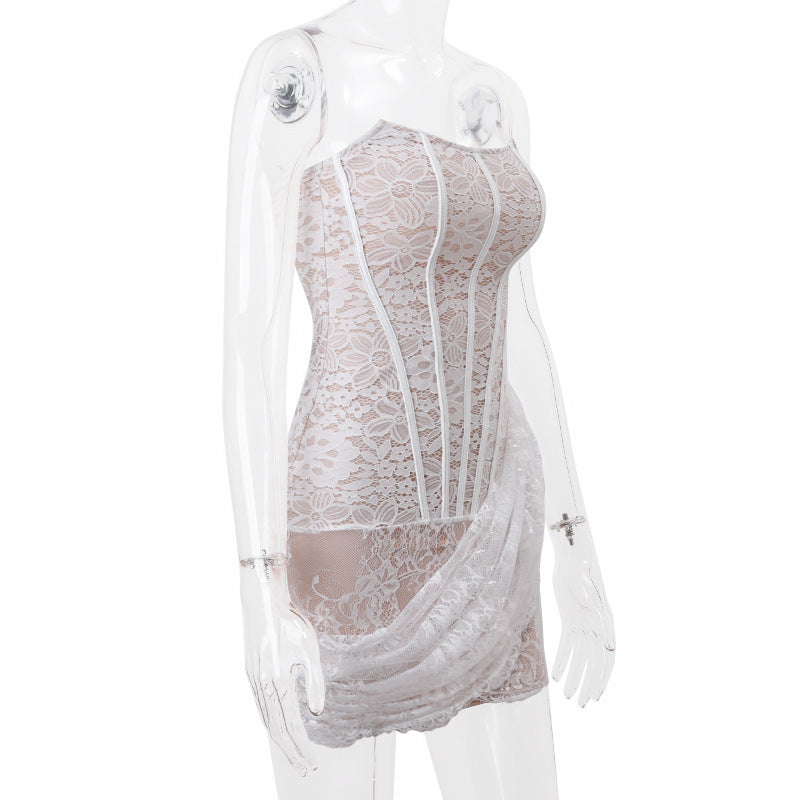 Strapless Lace Dress Party Women Fashion And Sexy Slim Skirt With Back Lace-up Design My Store