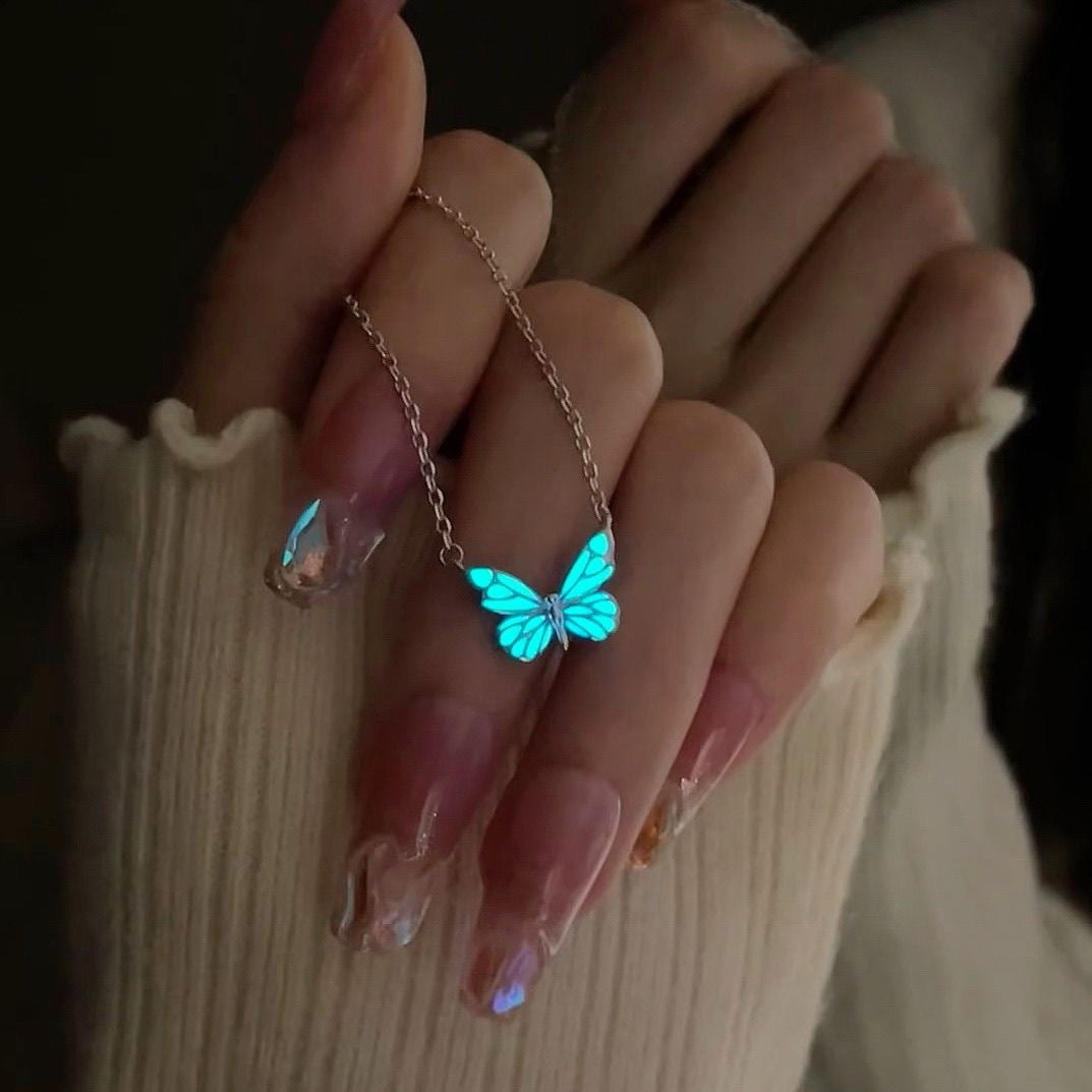 Fashion Blue Luminous Butterfly Necklace Bracelet Set For Glow In The Dark Women Clavicle Chain Choker Party Jewelry Set Gift My Store