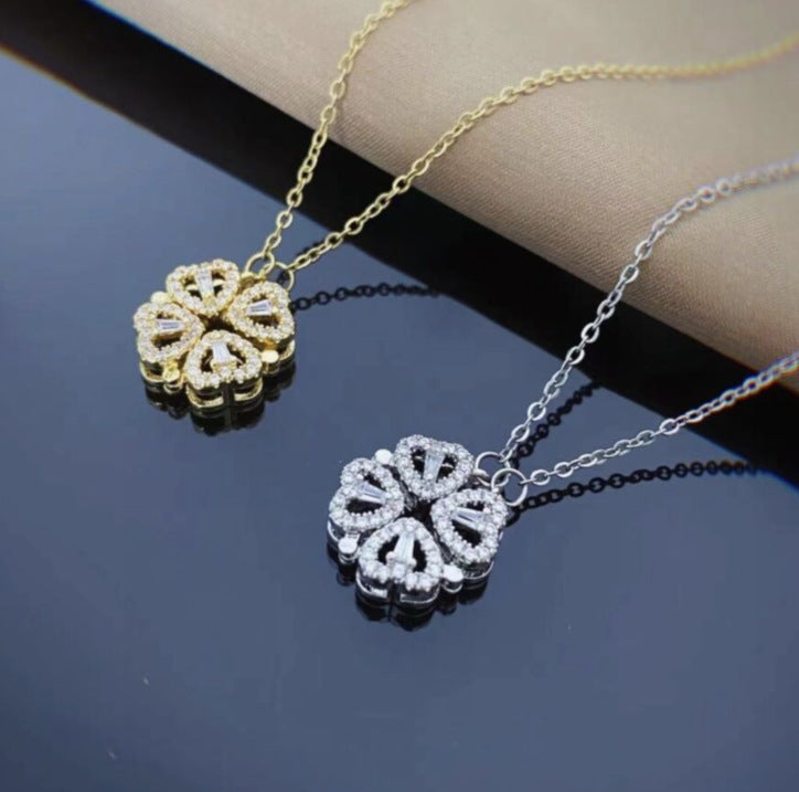 Retro Magnetic Folding Heart Shaped Four Leaf Clover Pendant Necklace Women Love Clavicle Chain Gifts Openable Choker Jewelry My Store