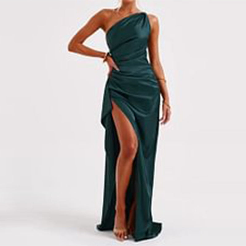 Sexy One-shoulder Backless Slit Dress Summer Elegant Slim-fit Solid Color Satin Dresses For Women My Store