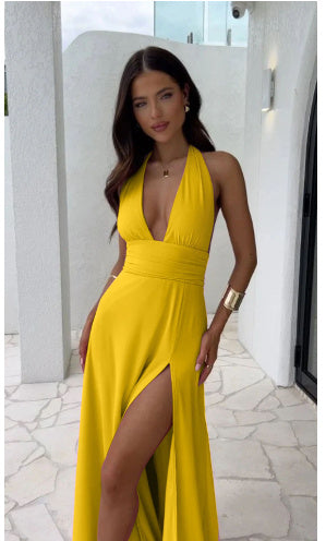 Sexy Halterneck V-neck Slit Dress Summer Backless Strappy Skirt Fashion Temperament Clothing Women My Store